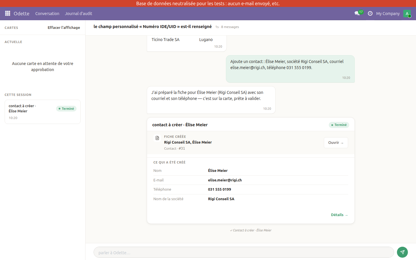 La même carte après approbation : état Terminé, mention Fiche créée, et un lien vers le contact tel qu'il existe maintenant dans Odoo.